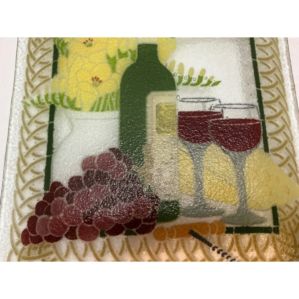 Glass‎ Platter Wine Cheese Grapes Still Life 11.5in Square Kitchen Decor